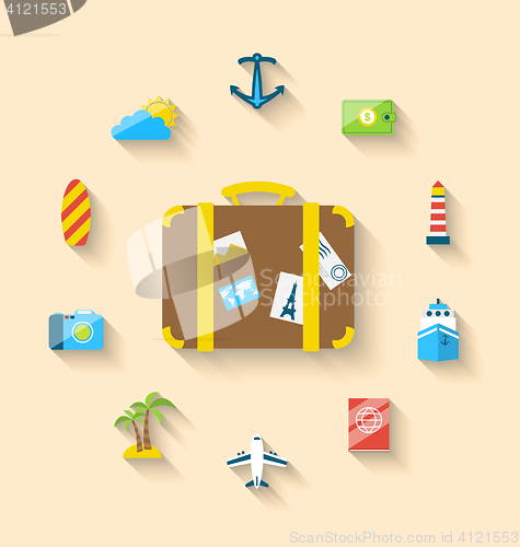 Image of Flat set icons tourism objects and equipment with suitcase, long