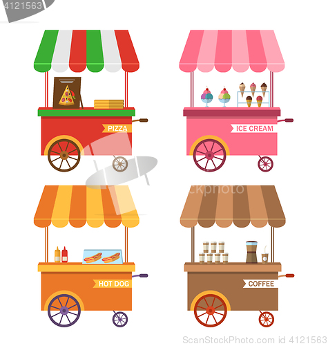 Image of Set Icons of Trolley Cart of Pizza