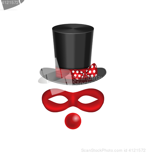 Image of Accessories for clown - hat, mask, red nose are isolated on whit