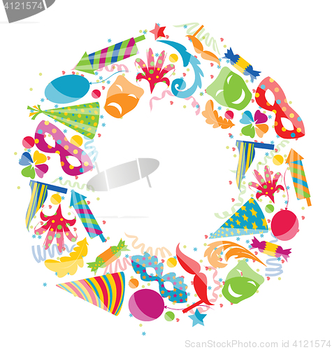 Image of Festive round frame with carnival colorful objects, copy space f