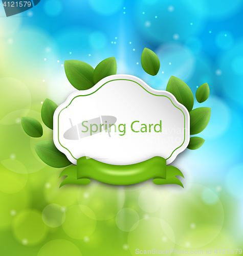 Image of Abstract Spring Card with Eco Green Leaves and Ribbon on Glowing