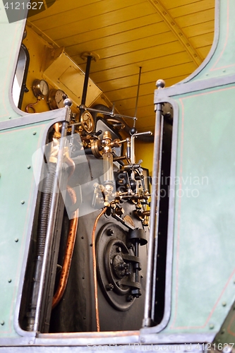 Image of Controls of a steam locomotive, boiler and gauges