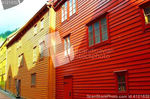 Image of Yellow and red houses in Bryggen, Bergen, Norway