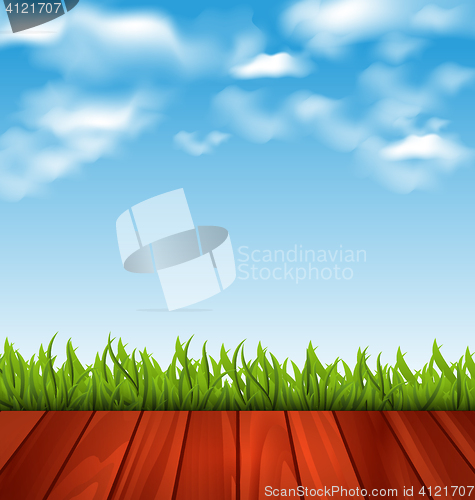 Image of Freshness spring green grass and wood floor 