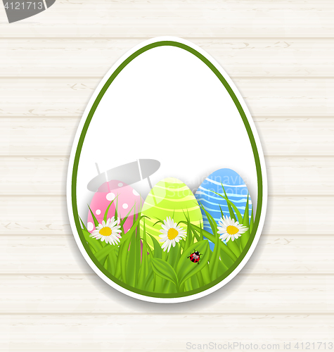 Image of Easter paper sticker eggs with green grass and flowers 