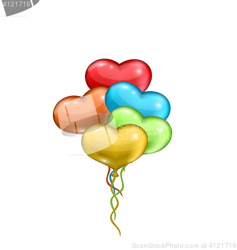 Image of Bunch colorful balloons in the shape of hearts isolated on white