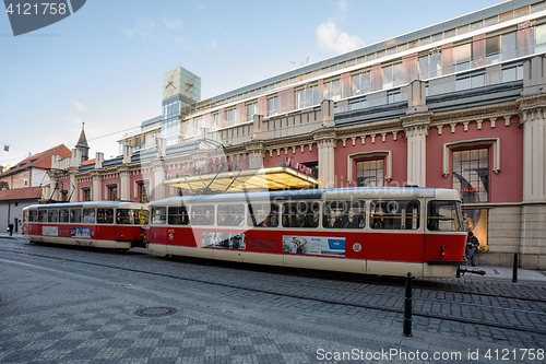 Image of Tram behind shopping center Palladium in christmas