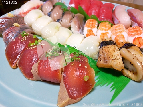 Image of Sushi assortment closeup on a plate