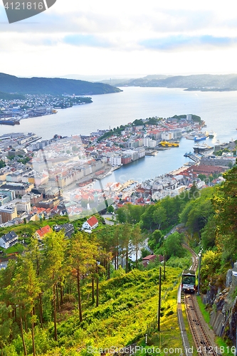 Image of Bergen view from Floyen, cable car tracks.