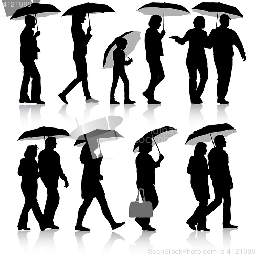 Image of Black silhouettes man and woman under umbrella. 