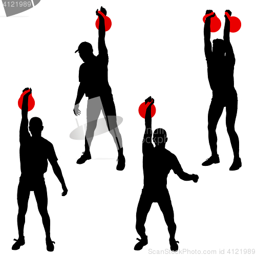 Image of Set silhouette muscular man holding kettle bell.  illustration.