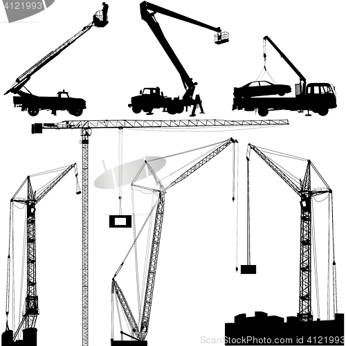 Image of Set of black hoisting cranes isolated on white background. illustration