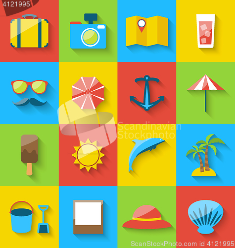 Image of Flat icons of holiday journey, summer pictogram, sea leisure, co