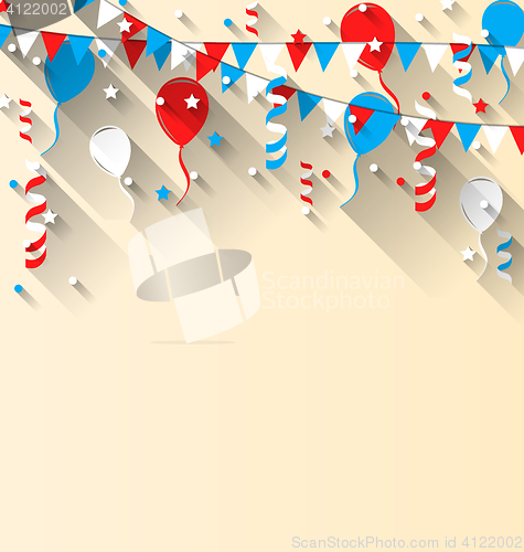 Image of American patriotic background with balloons, streamer, stars and