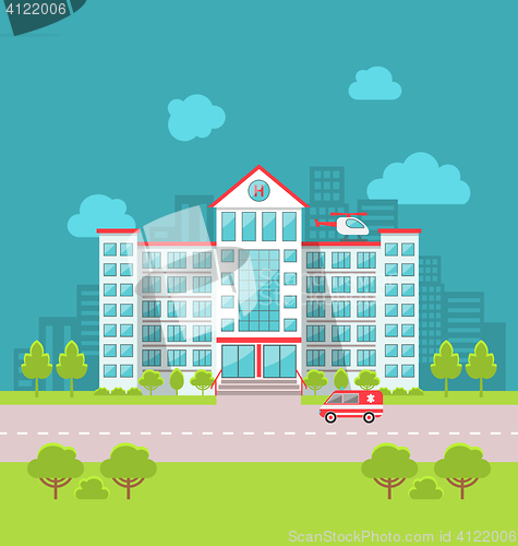 Image of City Hospital Building with Ambulance in Flat Style. Cityscape