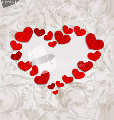 Image of Floral background with crumpled paper hearts for Valentines Day