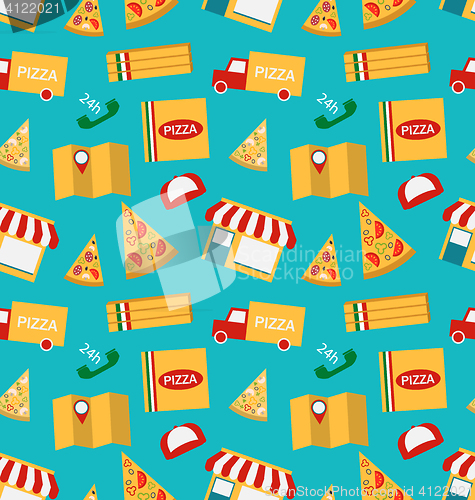 Image of Seamless Pattern with Slices of Pizza and Colorful Icons Service of Delivery of Pizza