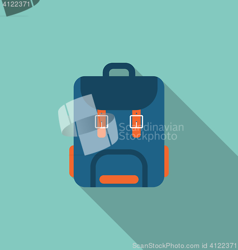 Image of Flat Icon of Backpack with Long Shadow on blue background