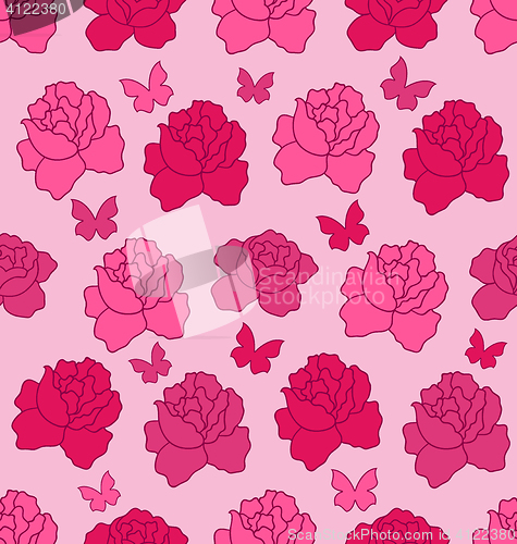 Image of Seamless Texture with flowers Roses and Butterflies, Pink Romant