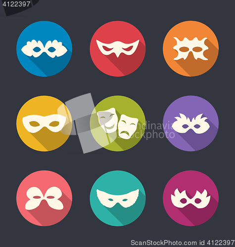 Image of Set flat icons of Carnival or theatre masks with long shadows