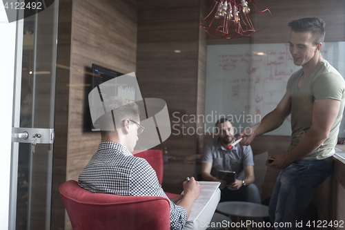 Image of team meeting and brainstorming in small private office