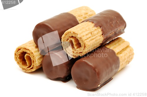 Image of Wafer rolls in chocolate isolated on white background