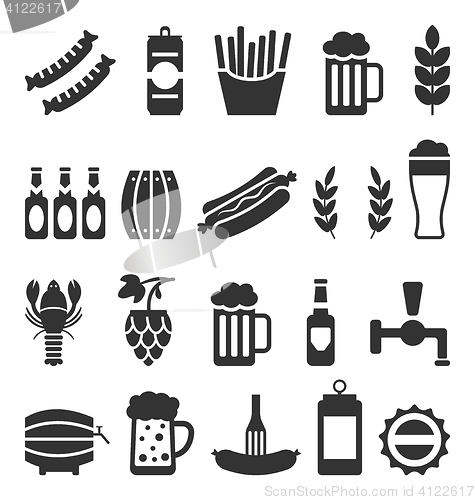 Image of Black Icons of Beer and Snacks Isolated on White Background