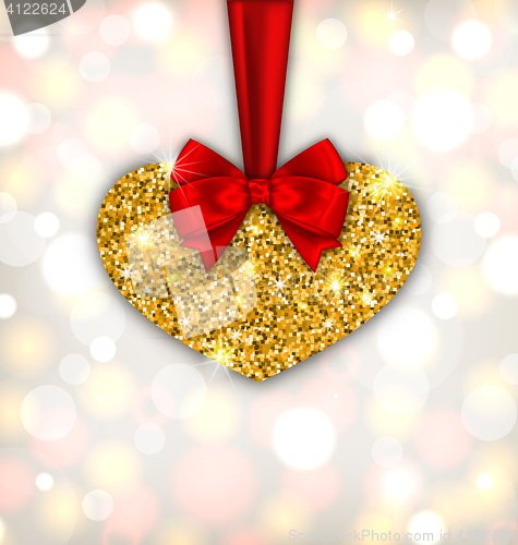 Image of Shimmering Golden Heart with Red Silk Ribbon