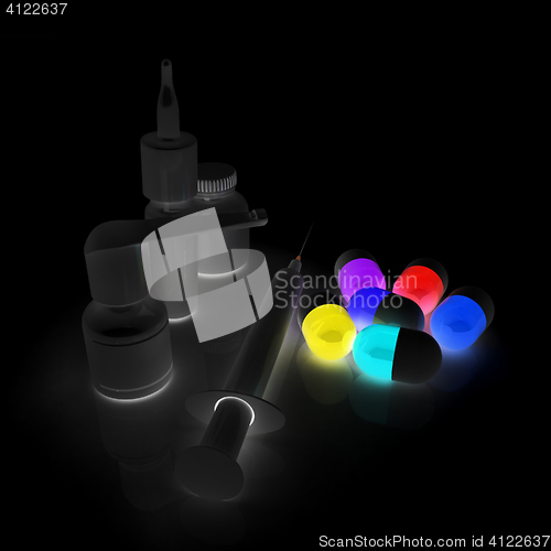 Image of Syringe, tablet, pill jar. 3D illustration