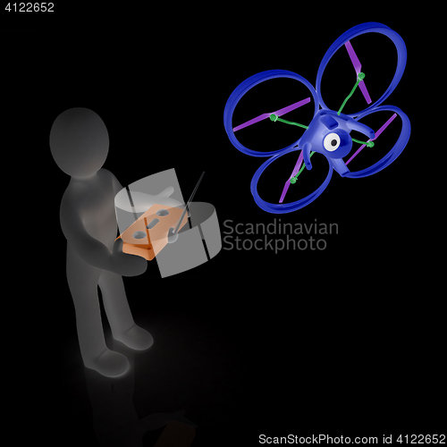 Image of 3d man with drone, quadrocopter, with photo camera. 3d render. 3