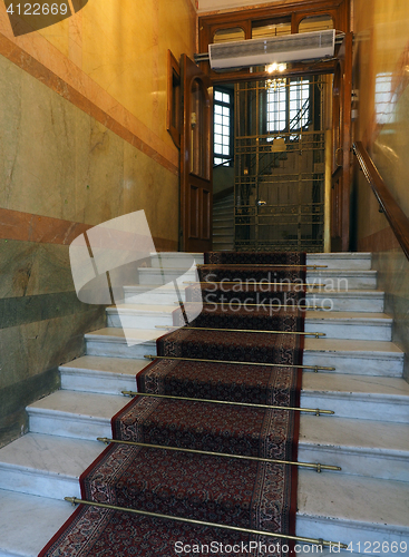 Image of entry steps to old hotel building  antique elevator Stockholm Sw
