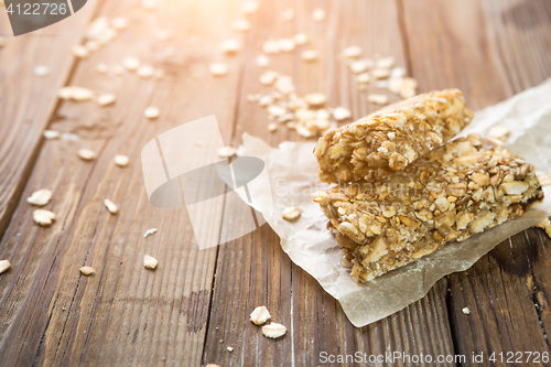 Image of Dietary bars on wooden table