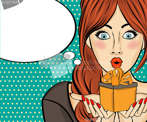 Image of Surprised pop art woman that holds a gift in their hands . Comic