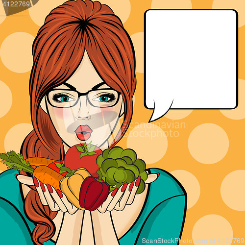 Image of Surprised pop art  woman that holds vegetables  in her hands . C