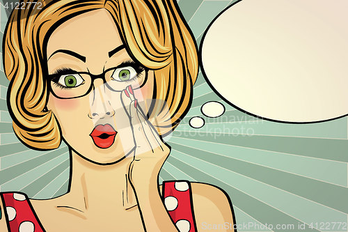 Image of Surprised pop art woman  . Comic woman with speech bubble. Pin u