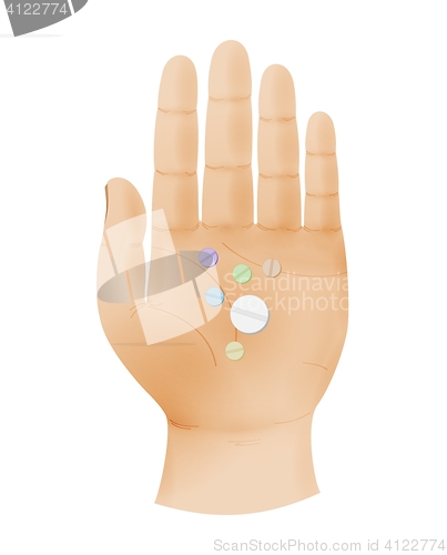 Image of human hand shows five fingers and palm with pills