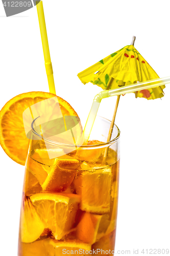 Image of Close up orange cooler cocktail with drinking straw on white background