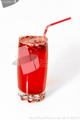 Image of berry cooler cocktail with drinking straw on white background