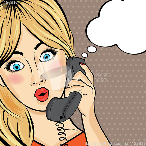 Image of Surprised pop art  woman chating on retro phone . Comic woman wi