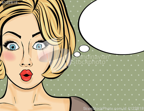 Image of Surprised pop art  woman  . Comic woman with speech bubble. Pin 