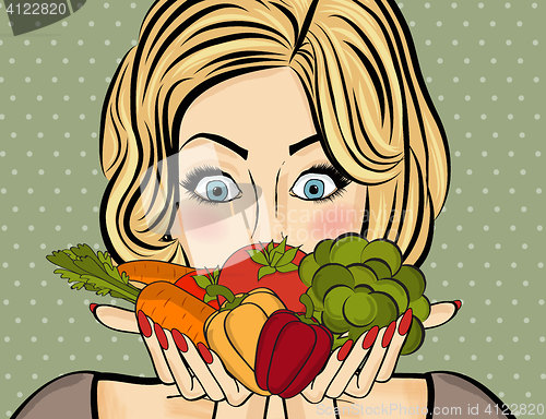 Image of Surprised pop art  woman that holds vegetables  in her hands . C