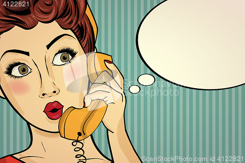 Image of Surprised pop art woman chatting on retro phone . Comic woman wi