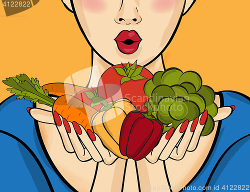 Image of Surprised pop art  woman that holds vegetables  in her hands . C