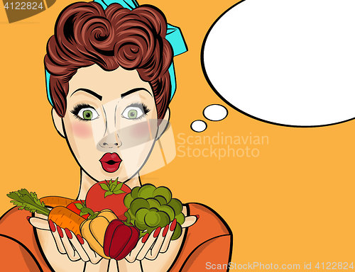 Image of Surprised pop art  woman that holds vegetables  in her hands . C