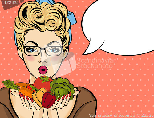Image of Surprised pop art  woman that holds vegetables  in her hands . C