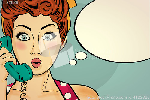 Image of Surprised pop art woman chatting on retro phone . Comic woman wi