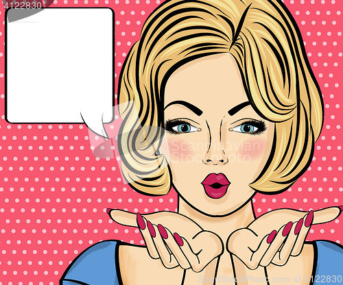 Image of Surprised pop art woman . Comic woman with speech bubble. Pin up