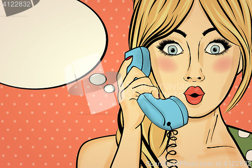 Image of Surprised pop art woman chatting on retro phone . Comic woman wi