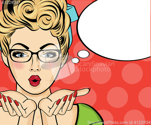 Image of Surprised pop art woman . Comic woman with speech bubble. Pin up