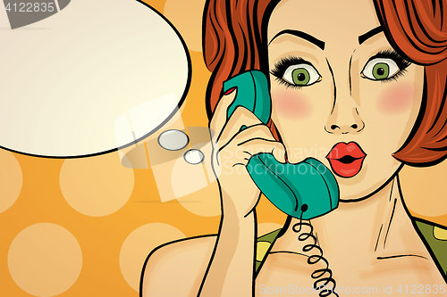 Image of Surprised pop art woman chatting on retro phone . Comic woman wi